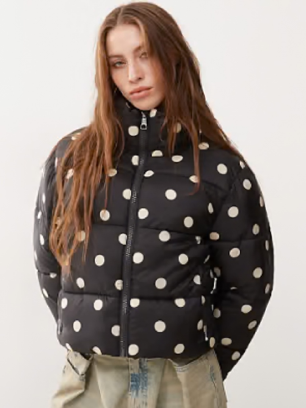 Monki Padded Puffer Jacket in Black Polka Dot